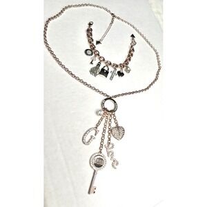 Guess Rose‎ Gold Charm Necklace Bracelet Set Rhinestone Key Lock Heart G Love